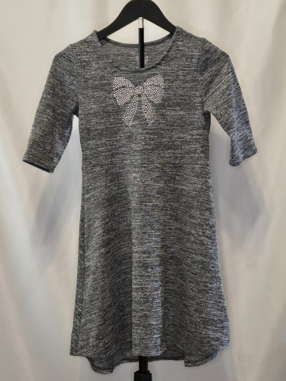 Faded Glory Girls Rhinestone Bow Fit Flare Dress Space Dye Heather Gray L 10-12